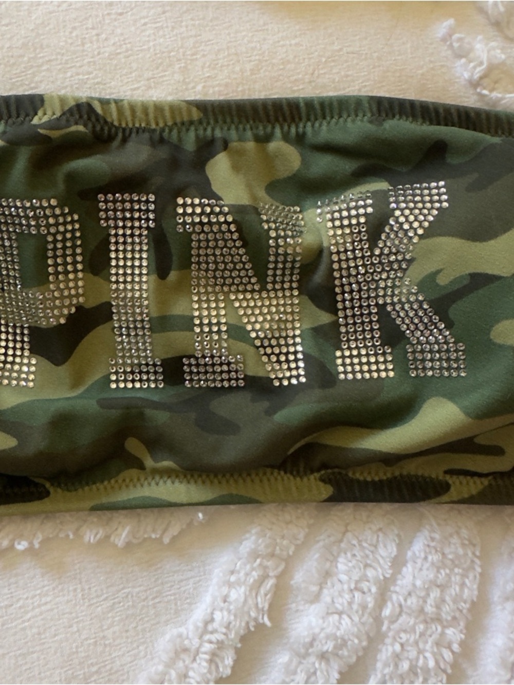 PINK Victoria's Secret Green Camo Bandeau Bikini with Pink Tie Sides - Picture 3 of 6